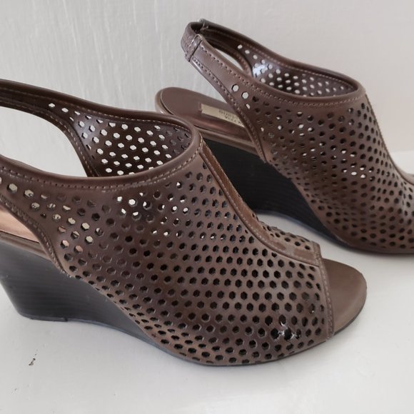 Green Brown Perforated Wedge Heel Booties - Picture 2 of 5